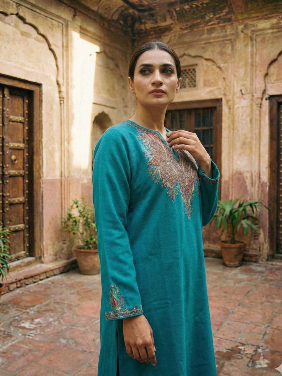 Meeras: Hand-Embroidered Raffel Phiran | Emerald Mist
